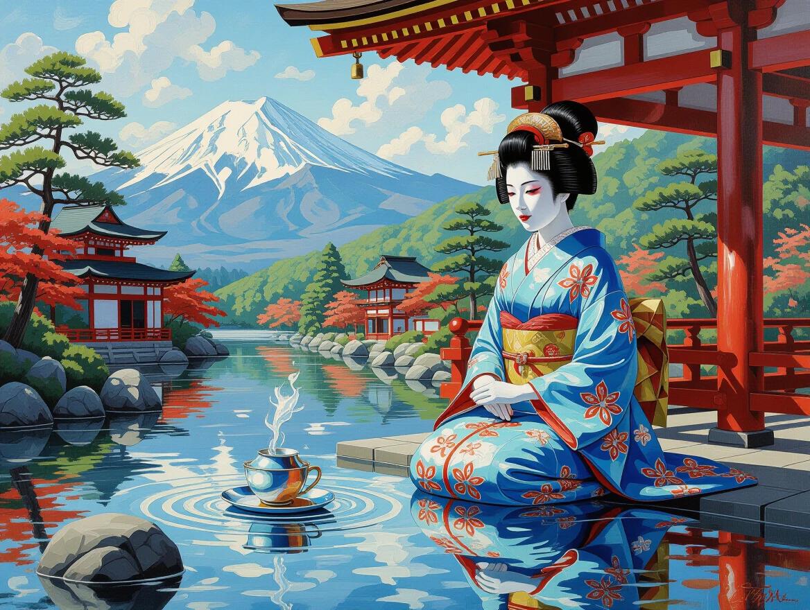 A hyperdetailed oil painting in y2k style. A serene tea ceremony in a traditional Japanese landscape. A woman in a colorful kimono is sitting beside a calm river. Mountains are visible in the background. The setting showcases vibrant cherry trees. A cup of tea steams beside her. Generous strokes of paint convey the beauty of nature.