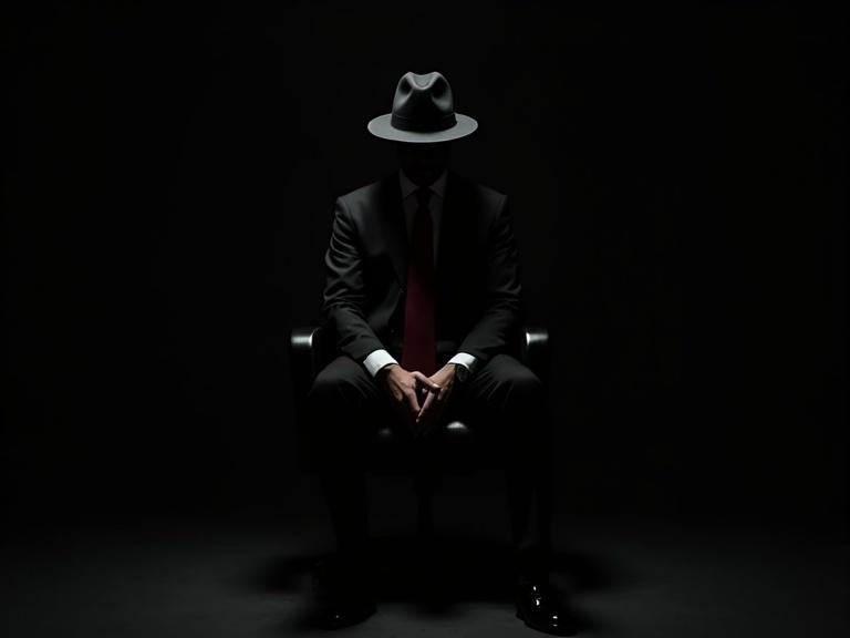 A mysterious man sitting alone in a dark black room. His face is hidden in shadow. He wears a sharp black suit with a red tie. A black hat casts a deeper shadow over his face. He sits on a modern office chair. A single soft light behind him creates a silhouette effect against the black background. His eyes are not visible. He wears polished black shoes. The overall atmosphere is cinematic, dramatic, and secretive.