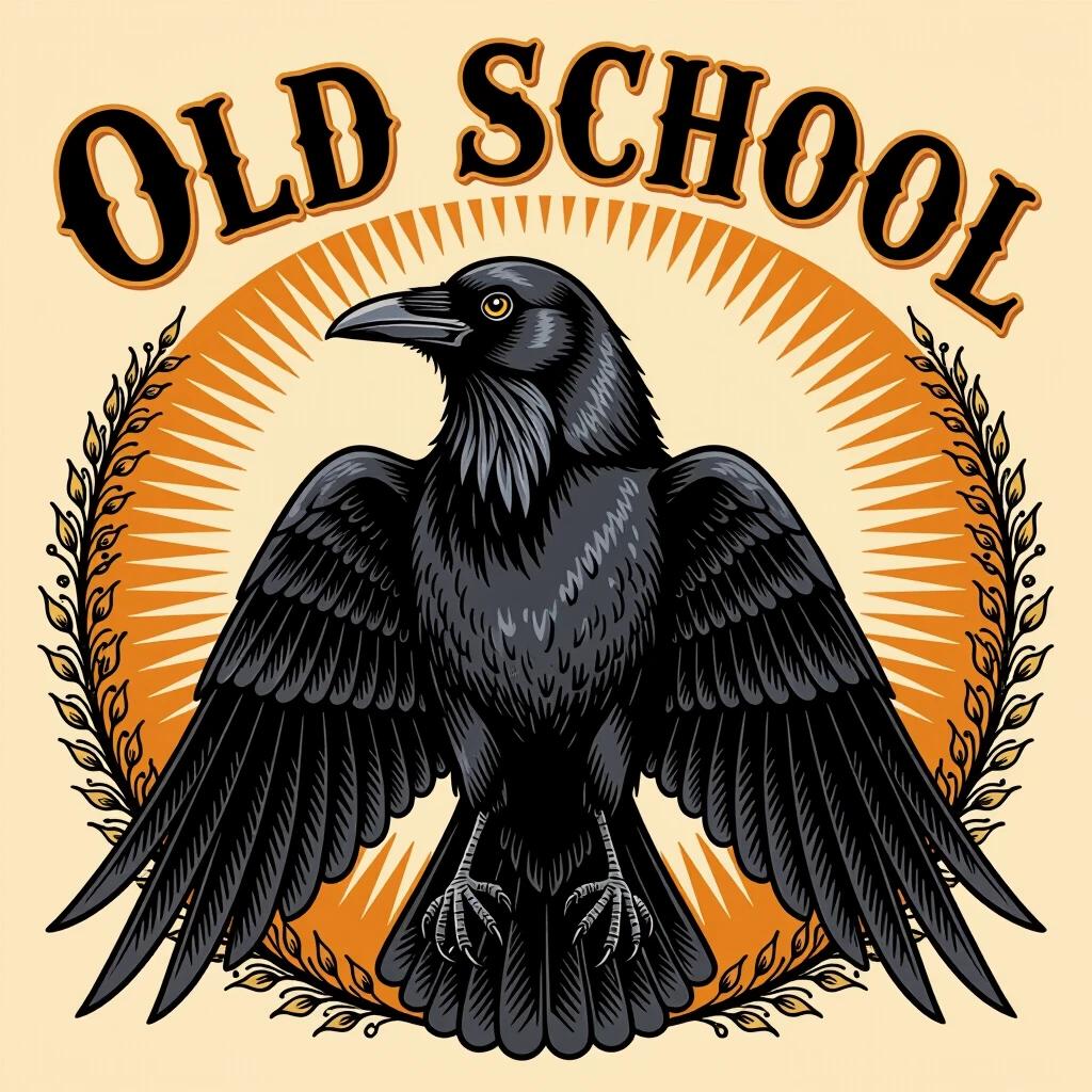 Tattoo style drawing features a black crow facing forward with its wings open. Design includes bold outlines and vibrant colors. The words 'OLD SCHOOL' arch above the crow. Background consists of radiating lines.