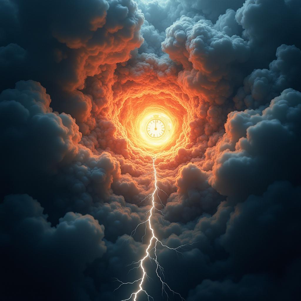 This image depicts a dramatic cosmic scene filled with swirling clouds and intense fiery highlights. The center glows with an orange and red light, resembling a celestial event. Dark blue and gray clouds surround the fiery core, creating a contrast that adds depth. The lighting creates a sense of movement and dynamism, as if the clouds are swirling. In the centre, there is a hybrid of a clockwork mechanism, cutlery, hourglasses, and a tea service, all struck by lightning. This abstract representation captures the beauty of cosmic phenomena and evokes a sense of wonder.