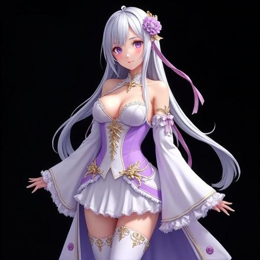 Digital art of a young East Asian woman in Emilia cosplay. Costume is white and lavender with gold details. She has silver hair styled straight with a side braid and flower. Wearing lavender contact lenses. Gentle smile. Outfit includes thigh-high stockings and frilled skirt. Solid black background.