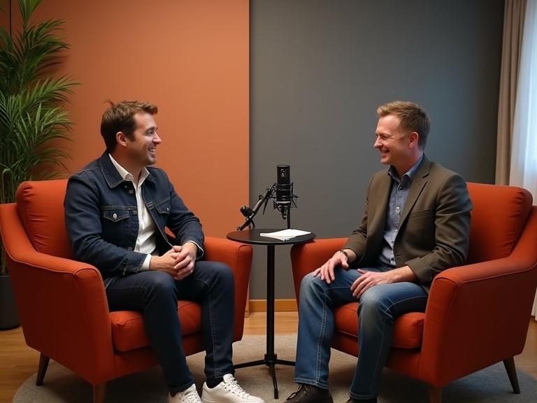 Podcast studio features two men sitting in persimmon red chairs. One is the host while the other is a guest. They are looking at each other. One man is talking while the other is laughing. Color palette includes Persimmon, Charcoal Gray, and Light Taupe.