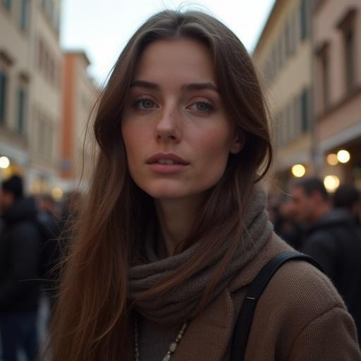 Close-up of a woman in a crowded street in an ancient Greek city during the evening with a cool color palette.