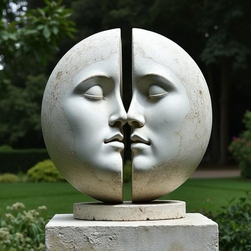 A marble sculpture representing Plato's story of spherical humans. The sculpture features the faces of a woman and a man facing opposite directions. Their bodies are intertwined in the shape of a sphere. The setting is a garden with green foliage surrounding the artwork.