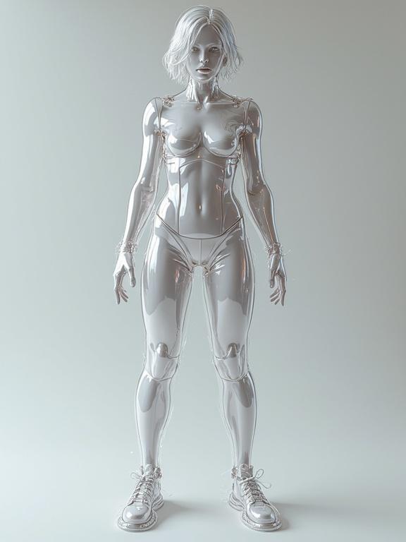 A transparent plastic figure of a female mannequin is shown from the front view. The figure has a smooth glossy texture. The backdrop is minimalistic with a soft light.
