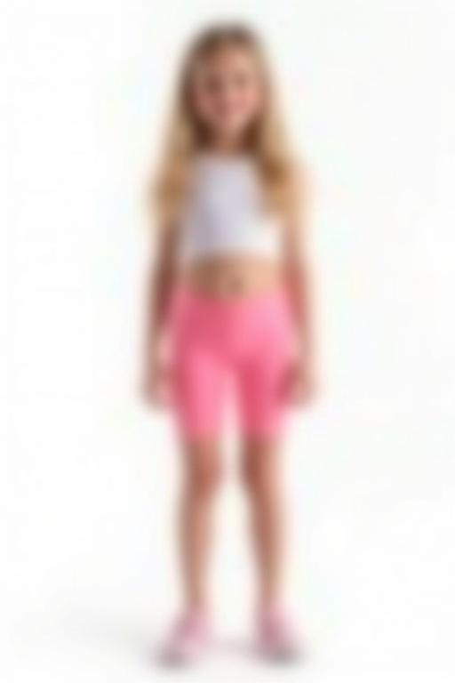 Blonde girl wearing pink cycling shorts and crop top standing against a white background. Photo realistic style with high resolution.