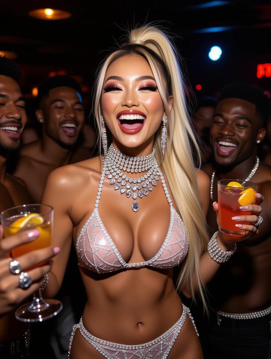 Photo features an Asian model wearing an edgy bikini. Model has a high blonde ponytail and is adorned with heavy crystal jewelry. Model appears tipsy and is laughing excitedly while holding cocktails. The setting is a nightclub atmosphere with a group of muscular friends in the background. Seemingly capturing a fun moment while dancing and posing for selfies.