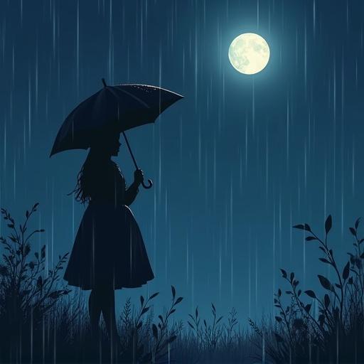 A girl stands in the rain holding an umbrella. The scene depicts a last summer night with a full moon in the sky. The atmosphere is sad yet serene. The girl is a silhouette against the rain.