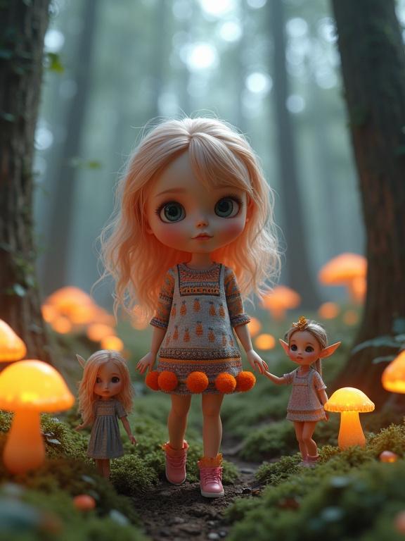 Photorealistic 3D art shows a cute Blythe-style doll in a magical forest. Colorful mini dress has geometric patterns and orange pom-poms. Glowing trees and bioluminescent mushrooms fill the background. A small fairy or elf holds her hand in this enchanted woods scene. Premium quality with high detail in vertical format. Warm colors create a mystical atmosphere.