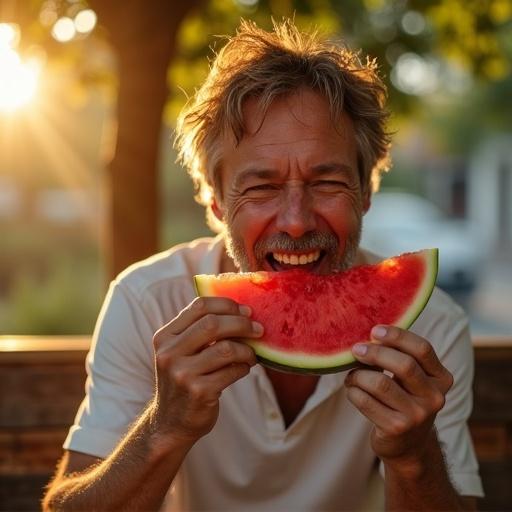Cinematic hyperrealistic close-up of middle-aged man eating juicy watermelon slice outdoors during hot summer afternoon. Man with olive-toned skin has short messy hair and light stubble. Seated on rustic wooden bench under partial shade from fig tree. Golden sunlight filters through leaves. Expression joyful and relaxed with watermelon juice dripping down chin and fingers. Vibrant red watermelon contrasts against earthy green background. Shot during golden hour with warm backlighting casting long shadows. Rich golds and amber tones dominate color palette. Shot from low angle for heroic perspective. Style is cinematic realism with professional depth of field and composition.