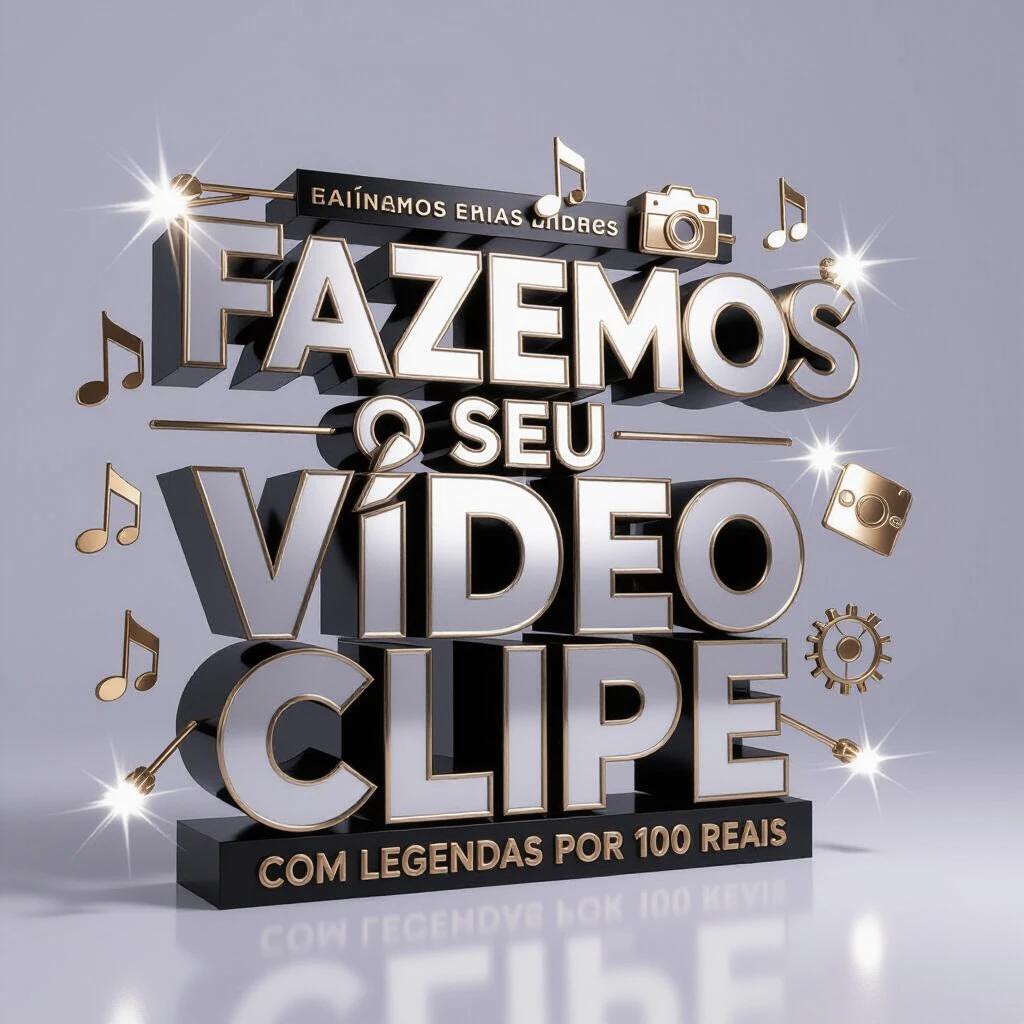 Large central 3D text with silver and gold colors says FAZEMOS O SEU VÍDEO CLIPE. Smaller text says COM LEGENDAS POR 100 REAIS. Modern design includes 3D music, camera, and caption icons. Clean background or soft light creates a professional look.