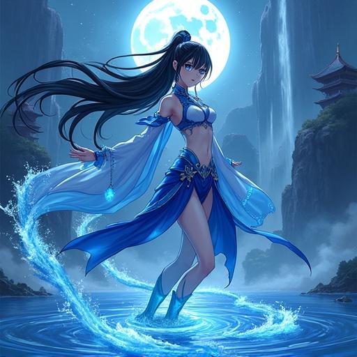 Furina from Genshin Impact in a detailed illustration style. She stands on water under moonlight. Wears royal blue and white Hydro Archon attire with flowing fabrics. Long black hair has light blue highlights. Eyes glow with Hydro energy. Background features waterfalls and palace structures. Style combines anime and Marvel designs with soft lighting and vibrant colors.