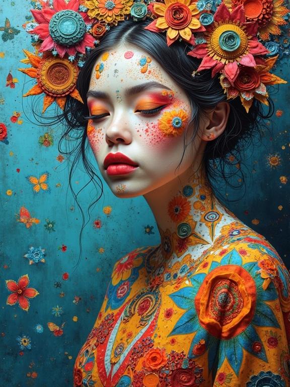 Striking surreal portrait of a woman in a vibrant dress. Features geometric patterns and abstract shapes. Mixed media collage with encaustic wax effects. Detailed body art and floral decorations.