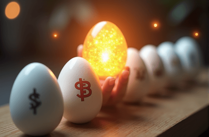 A glowing golden egg surrounded by white eggs with money symbols on a wooden surface.