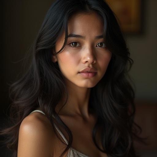 Potret seorang wanita muda dengan rambut panjang bergelombang. Matanya tertutup menunduk. Ekspresinya tenang. Pencahayaan dramatis rendah kunci. Latar belakang gelap. Komposisi dekat fokus pada keindahan dan emosi.