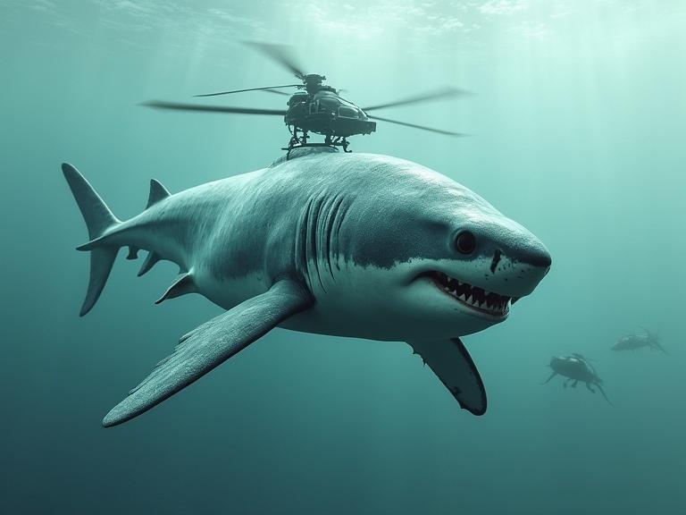 Image of a hybrid creature combining a shark and a helicopter. The scene is set underwater with soft lighting. A helicopter is perched atop the shark.