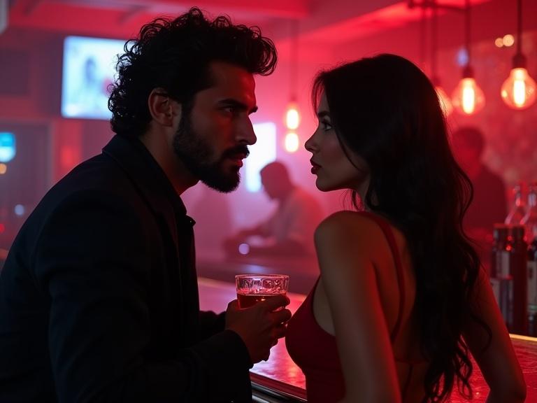 A rugged man with tousled hair in a black suit sits at a bar. A glass of whiskey in his hand. Looking at a seductive woman in a backless red dress. She has long wavy hair and red lips. Dramatic lighting creates a club atmosphere with red and blue neon reflections. High emotional intensity and cinematic style.
