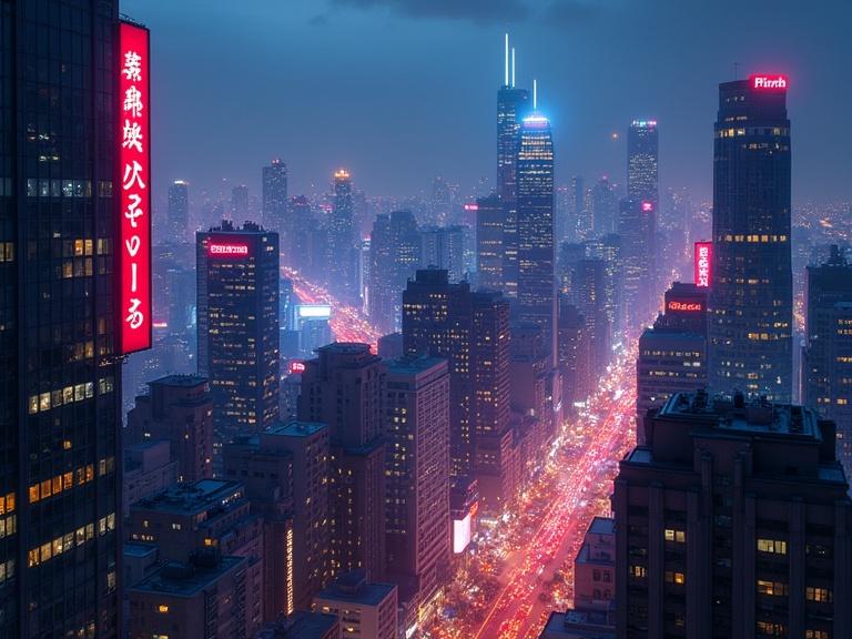 A neon-lit cityscape featuring towering skyscrapers at night. Streets are bustling with energy and illuminated by bright lights. Convey the dynamic interplay of light and shadow. Capture the feeling of an urban environment that never sleeps.