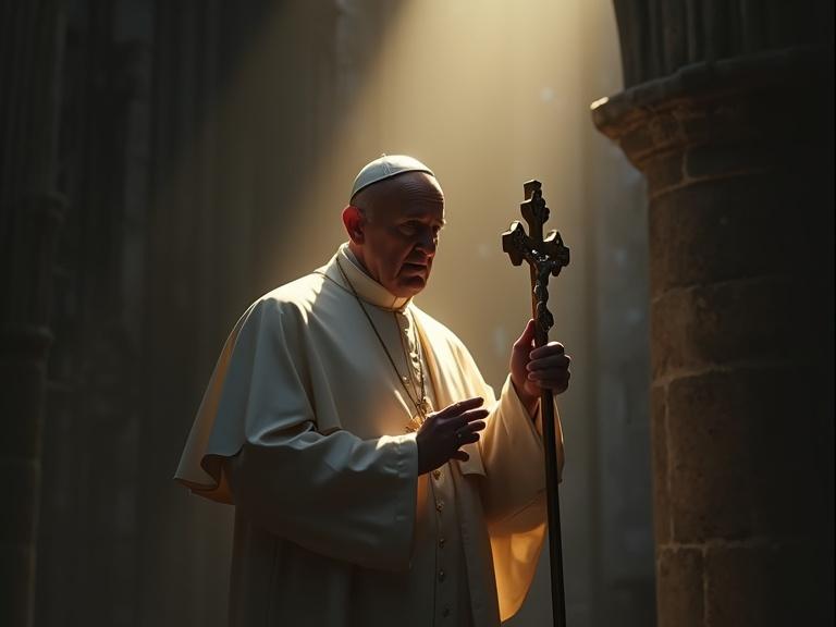 Hyper-realistic digital painting of Pope Francis in a dimly lit cathedral. He holds a crucifix with divine light on his face. Mysterious shadows evoke a spiritual battle around him. He appears calm and firm. Atmosphere is tense yet hopeful. Light triumphs over darkness.