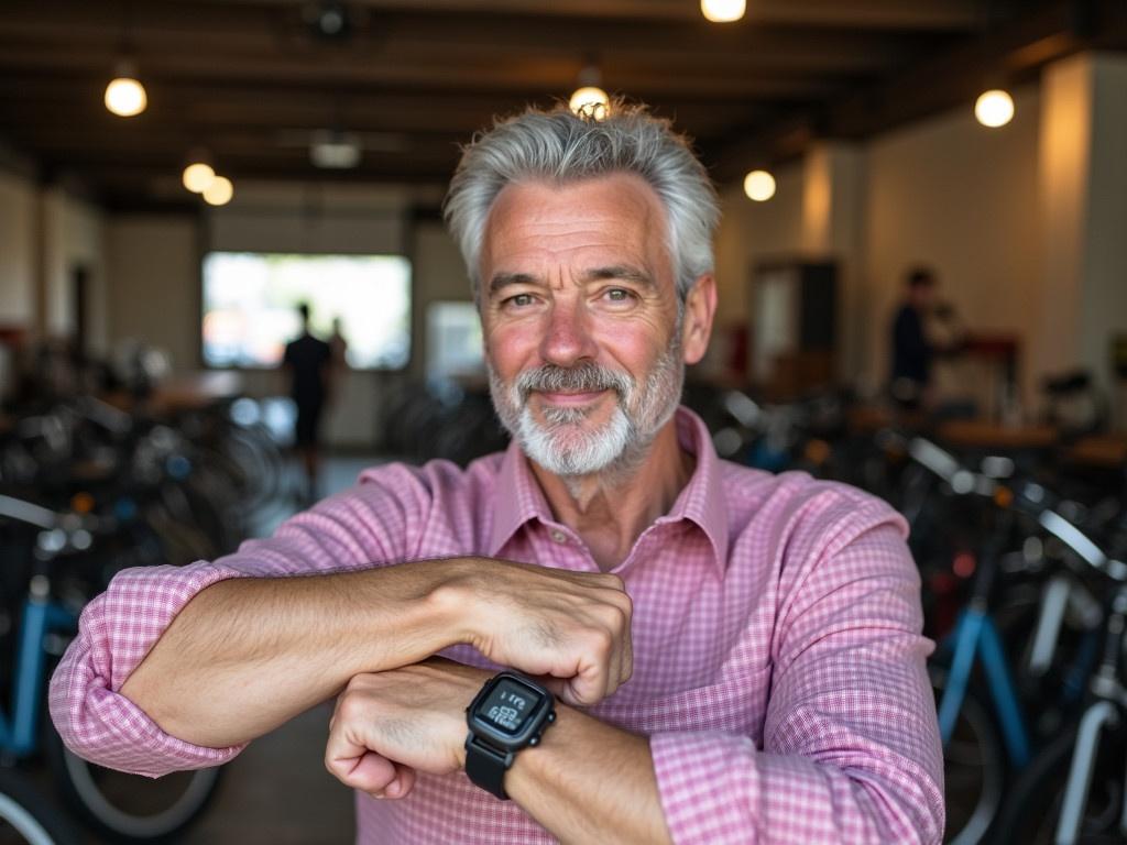 A middle-aged white man is posing for a selfie while wearing a pink plaid shirt. His hand is raised, holding onto his wrist, which is adorned with a black digital watch. The background depicts an indoor setting with some overhead lights that create a warm ambiance. Various objects related to bicycles can be seen in the background, suggesting it might be a workshop or a garage. The man has a confident expression, signifying comfort in the environment he’s in.