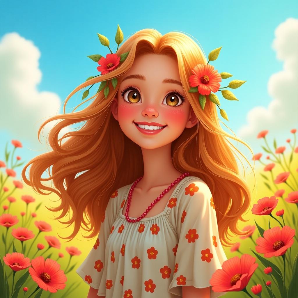 This image features a cheerful young girl with long, flowing hair adorned with flowers. She has bright, expressive eyes and is smiling radiantly. The background is filled with blooming poppy flowers under a clear blue sky. Her outfit is light and adorned with colorful floral patterns, enhancing the joyful theme. This artwork captures a sense of happiness and connection to nature, evoking feelings of warmth and positivity.