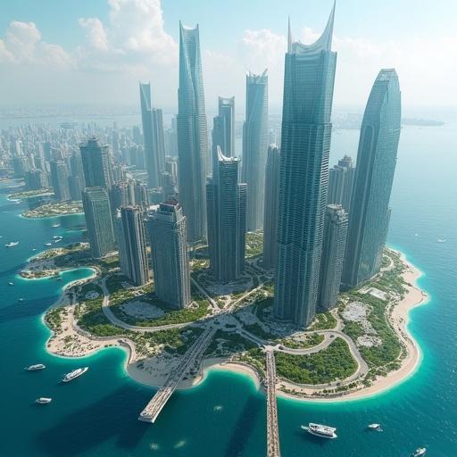 Aerial view of the Financial Isles. Skyscrapers with wave-like facades dominate the landscape. Island surrounded by blue ocean. Green spaces interspersed between buildings. Boats scattered in the water. Pedestrian skybridges connect structures. Represents a modern urban landscape.