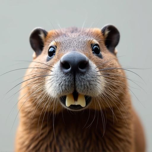 Close-up view of a beaver. Beaver looks at the camera. Large front teeth visible. Rounded ears appear prominent. Textured fur is noticeable. Simple neutral background highlights facial features.
