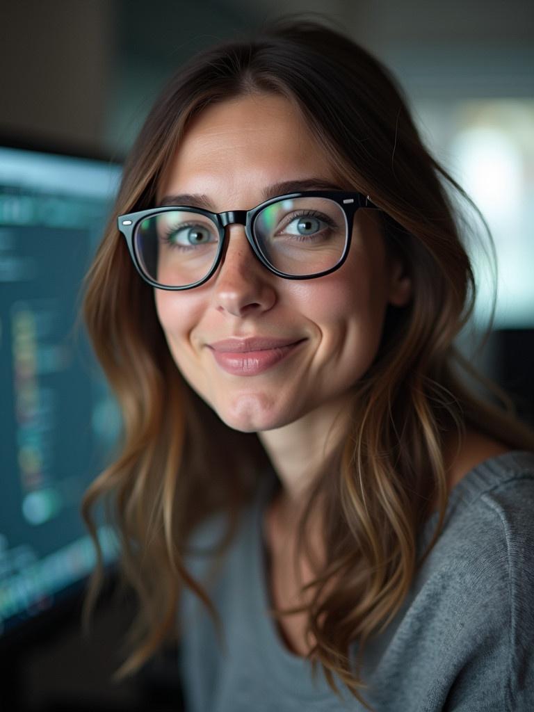 Normal looking female with glasses. Expert computer programmer around mid 30s. Captured in a modern workspace with a friendly and professional demeanor.