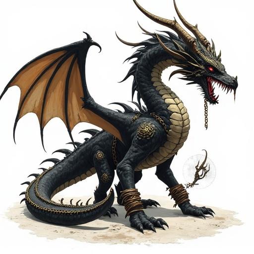 Highly detailed dark fantasy concept art of Zahhak's Dragon. Serpentine dragon with two venomous snake heads. Main head is twisted and demonic with molten gold fangs. Black, cracked scales with broken chains. Torn, bat-like wings and a barbed stinger tail. Corrupted Zoroastrian amulets. Ancient, terrifying, majestic design similar to God of War or Elden Ring. Fully visible on plain white background with no shadows.