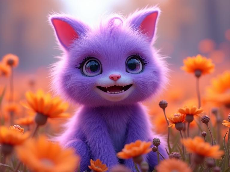 A closeup of a cute purple fluffy monster smiling in a field of vibrant orange flowers, designed in a fantasy style with a colorful palette.