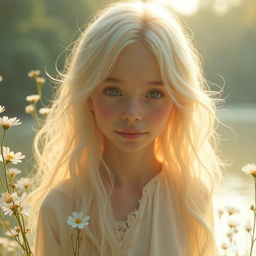 Portrait of an ethereal girl with flowing golden hair. She has deep serene eyes and a gentle, compassionate expression. Soft garments adorned with white flowers. Tranquil lakeside setting at dawn with mist and soft light. Themes of renewal and nature's beauty.