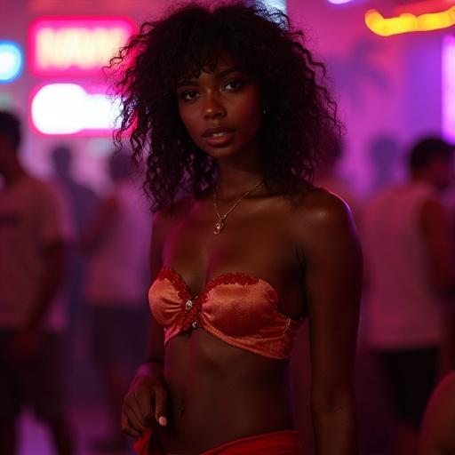 Indian girl stands confidently in a nightclub. Wearing a small bandeau top with shorts. Skin appears wet under neon lights. Amature photo captures the essence of nightlife. Casual and relaxed environment.