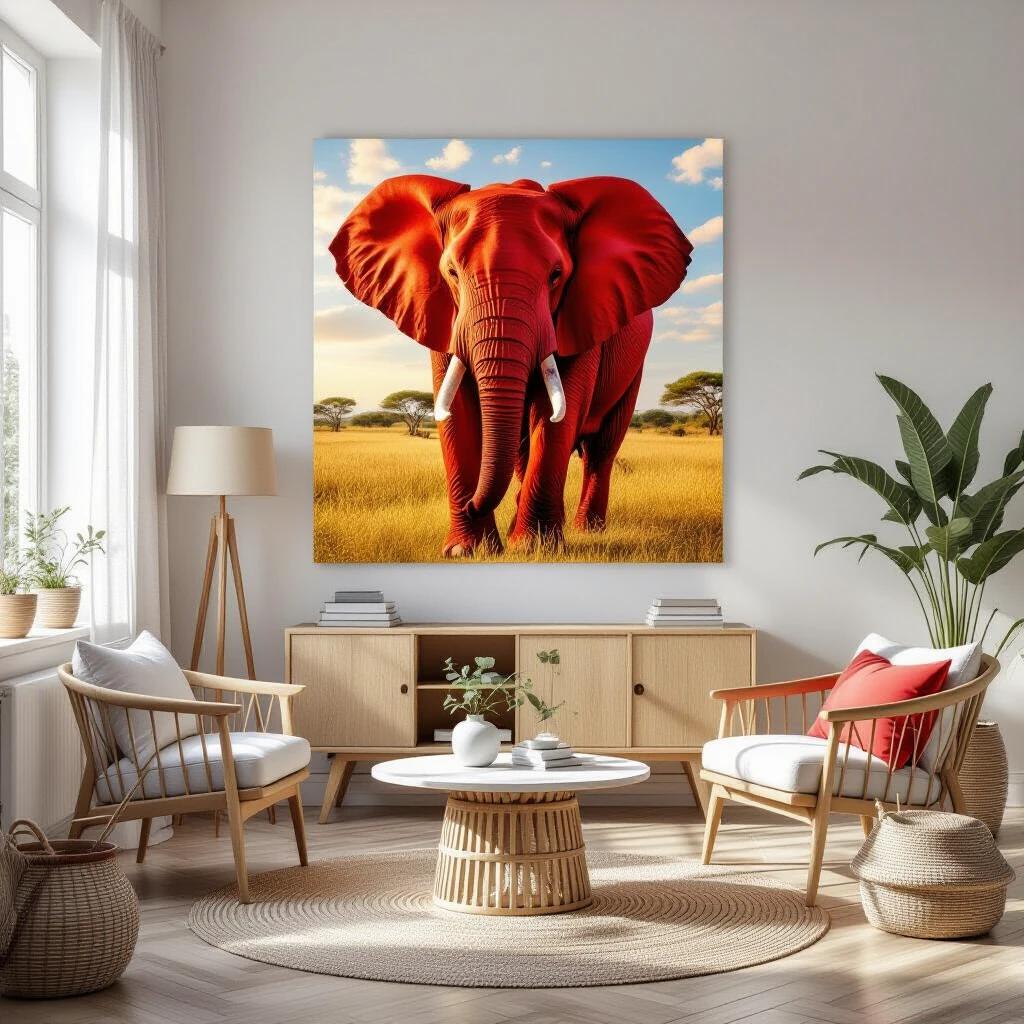 Red elephant standing in a vibrant landscape. Bright colors fill the room design. Modern furniture surrounds a circular table. Large canvas of the elephant on the wall. Natural light fills the space.