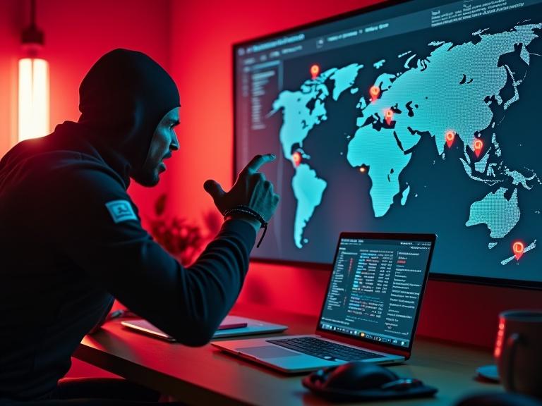 Dramatic office scene with red neon lights and low lighting. Intense confrontation between an angry boss and a stealthy employee. Digital screen displays vendor data and a holographic map with red pins. Employee dressed in stealth gear has a laptop and grappling hook. Tense yet humorous corporate espionage vibe.