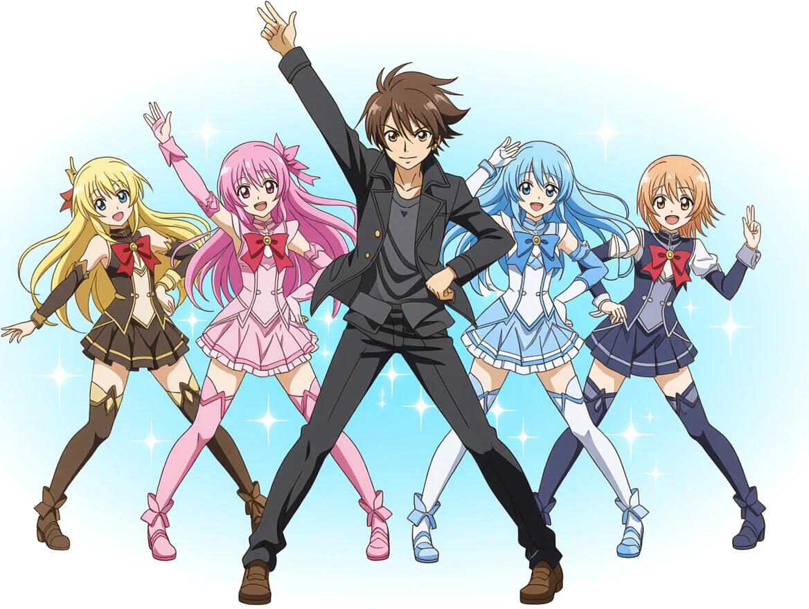 Anime characters dancing on a white background. Character wearing black suit poses confidently. Four characters in vibrant outfits perform energetic dance moves. Highlights and sparkles create a lively atmosphere.