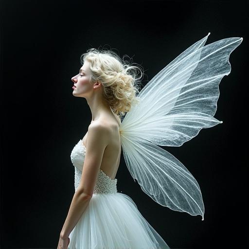 Close-up of a fairy woman with wings on a black background. White lily and pure dew nearby. Depicts an ethereal and fantasy aesthetic. Styling includes aspects of watercolor and pointillism.