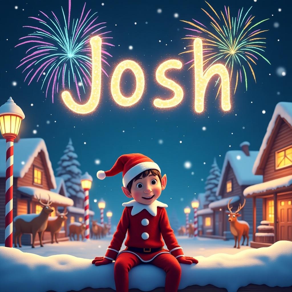 Snowy North Pole setting with twinkling lights. Jolly boy elf named Josh sitting on a shelf. Night sky lit with vibrant fireworks spelling his name. Festive cheer with Santa's workshop and reindeer in the background.