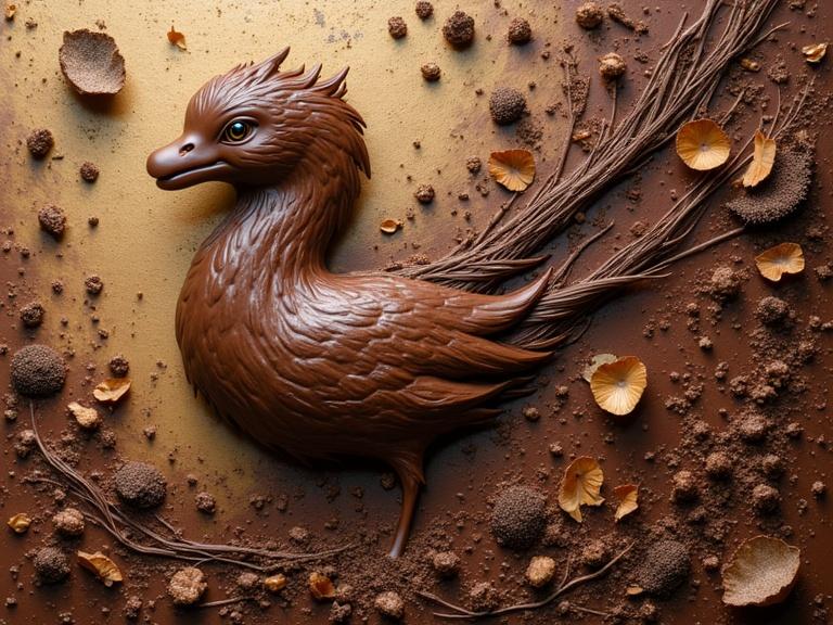 Intricately detailed chocolate sculpture of a bird. Multilayered and textured. Integrated with various materials like jute, wood, and glittering confetti. Rich in colors and depth. Stunning and magical composition.