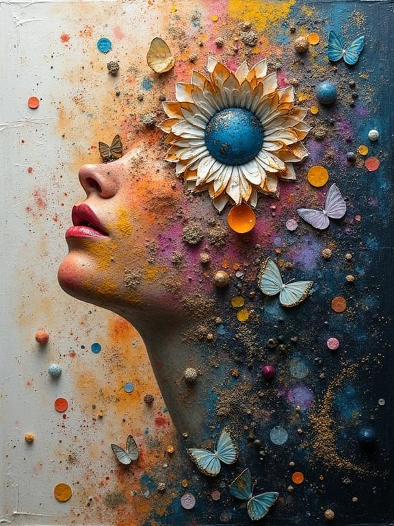 3D layered beauty with mixed media elements. Features a woman's face adorned with a flower, butterflies, and various textured materials. Colorful and magical. Vision of depth and surface. Composition evokes emotion and stunning visuals.