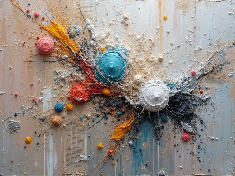 Esquisite Forbidden Position Art in vibrant colors. Thick textured impasto technique with splashes of milk. Mixed media elements include newspaper, jute fibres, wood, sand, and confetti. Features scratches, drops, and tears. Digital art close up of an abstract expression.