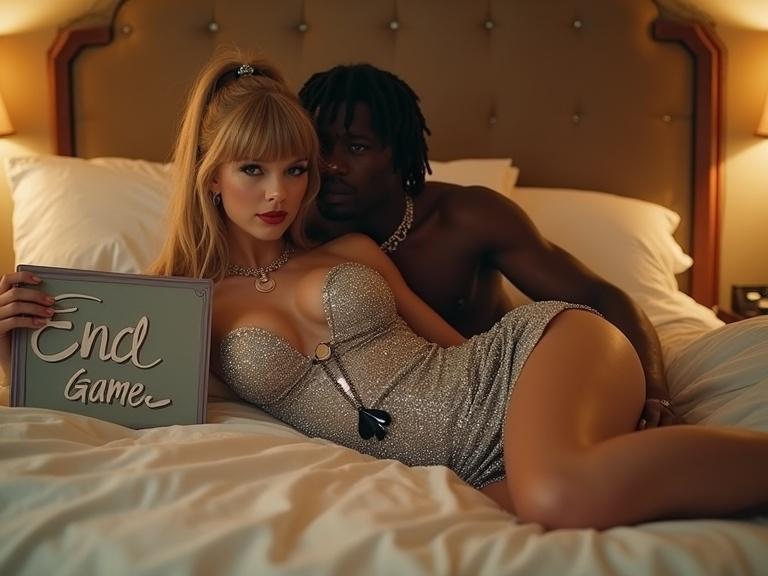 A couple lies on a bed in a motel room. The woman holds a sign that reads 'End Game'. She wears a stylish silver sparkly prom dress. The man embraces her closely. The woman has long blonde twintails and jewelry. Soft warm lighting creates a cozy atmosphere. The image captures a modern romantic setting.