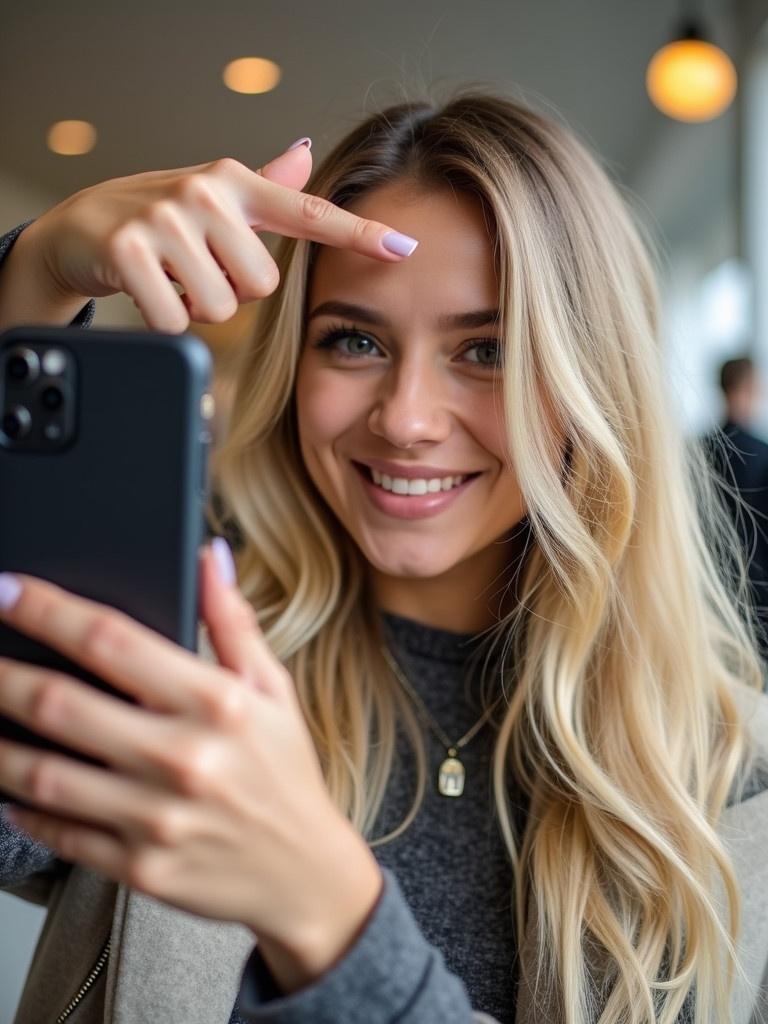 A person is taking a selfie. The individual has long blonde hair. Wearing stylish clothing. The expression is confident and happy. The person makes a thumb sign on the forehead.