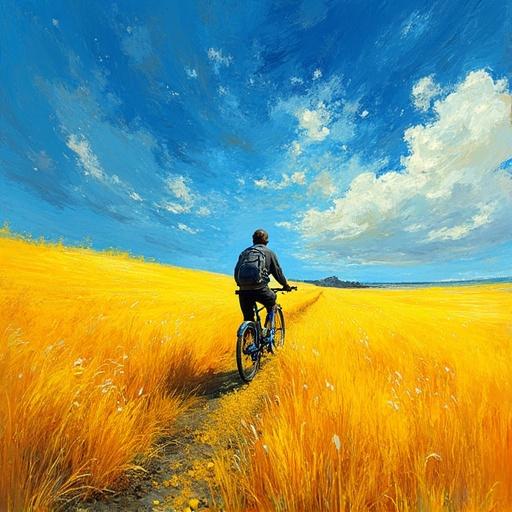 A cyclist rides alone through vibrant yellow fields under a bright blue sky. The scene captures a sense of dynamic motion and solitary joy, resembling Van Gogh's artistic style.
