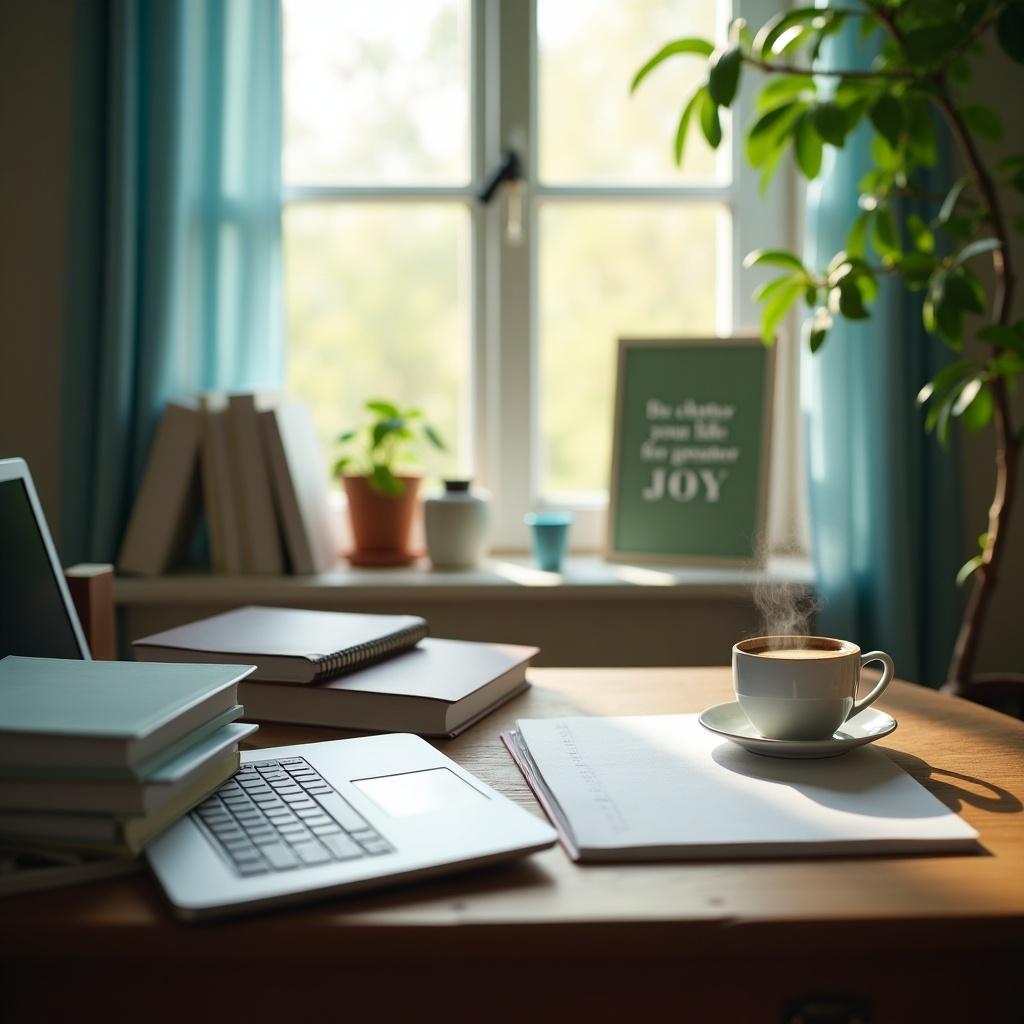 Image of a peaceful study environment that inspires focus and concentration. Cozy room during daytime with sunlight streaming through a window. Wooden desk with organized books and laptop. Cup of steaming coffee. Soft blue and green hues. Background plant symbolizes growth. Table picture with message 'De-clutter your life for greater JOY'.