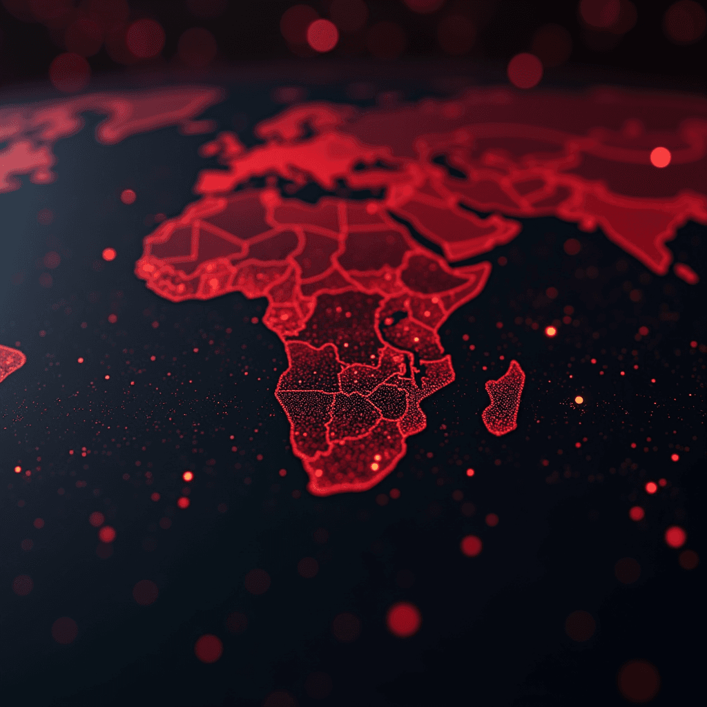 The image shows a digital map of Africa glowing in red with a futuristic, dotted design.