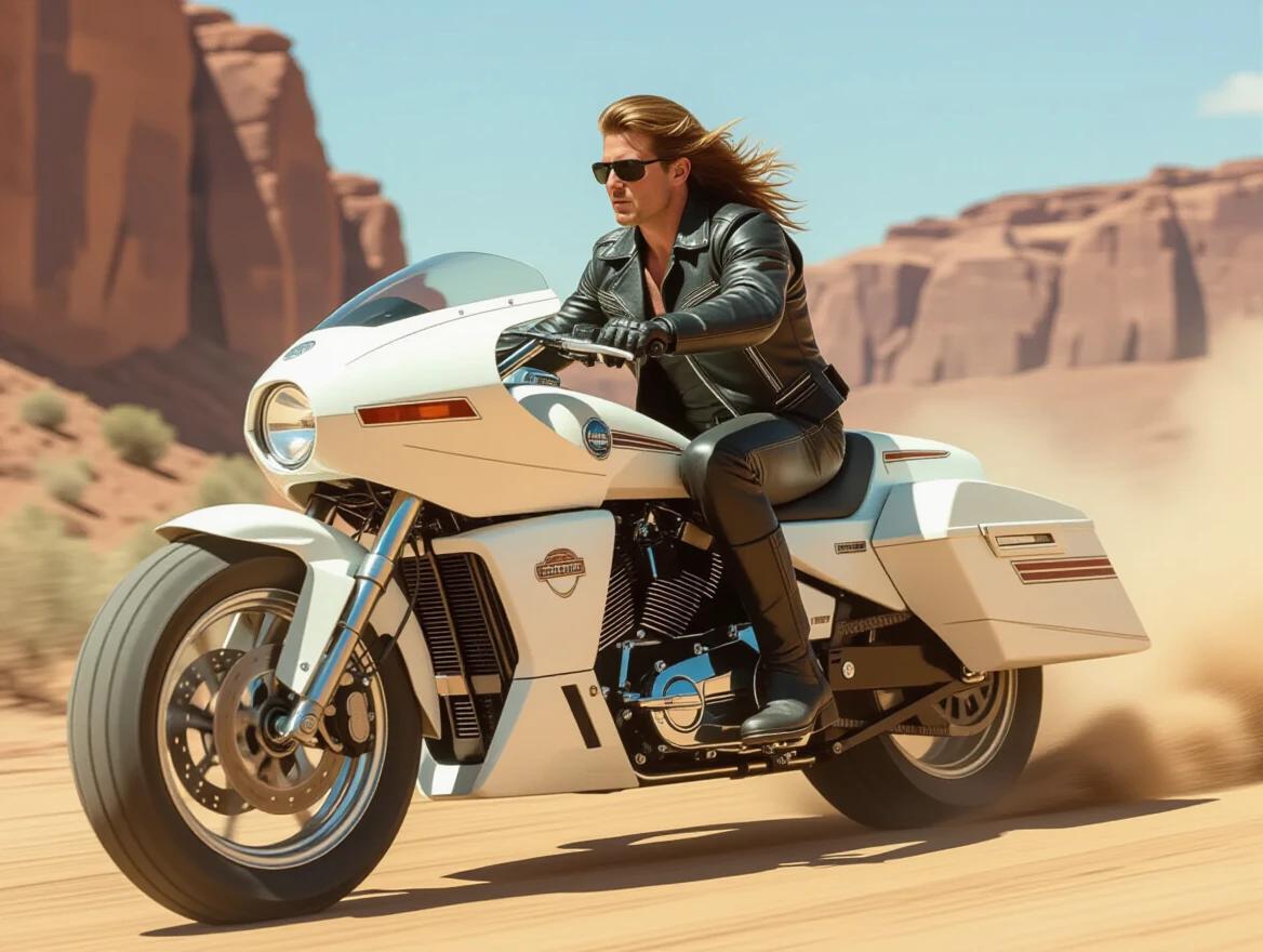 Character rides futuristic motorcycle in desert. Motorcycle features retro design with large tires. Scene captures high-speed dynamic environment. Emphasis on action and adventure