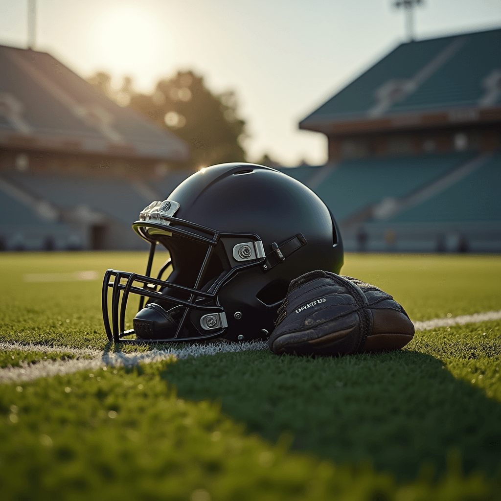 A football helmet and an old leather ball rest on a sports field with a stadium in the background during sunrise.