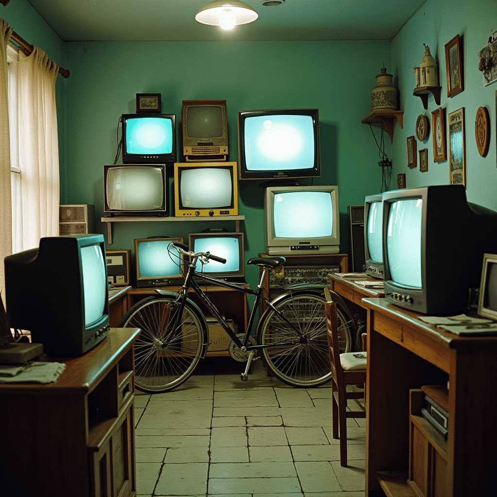 A room filled with retro televisions and a bicycle, all screens emitting a blue-green glow.