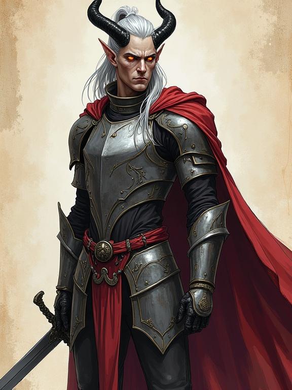 Pen sketch of a tall male tiefling paladin with gray skin and glowing amber eyes. Long silver hair in a ponytail. Curved black horns arch like a crown. Stern expression with scars on cheeks. Wears plate armor with infernal sigils and a crimson cloak. Stance is noble, holding a longsword, stylized with visible pencil strokes and soft shading.