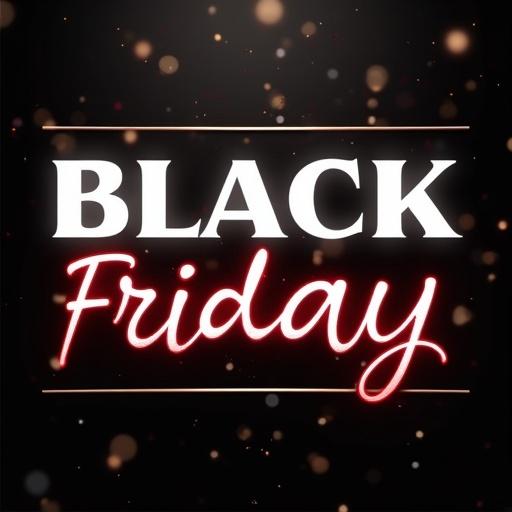 Graphic representation of Black Friday sale. Features the phrase 'Black Friday' in bold typography. Background is dark with bokeh effects. Emphasizes holiday shopping season.